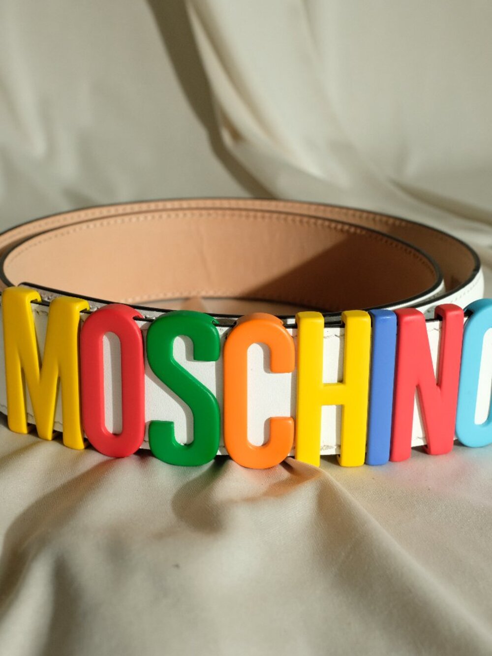 Moschino White Leather Multicolor Logo Buckle Belt Size Unisex IT50